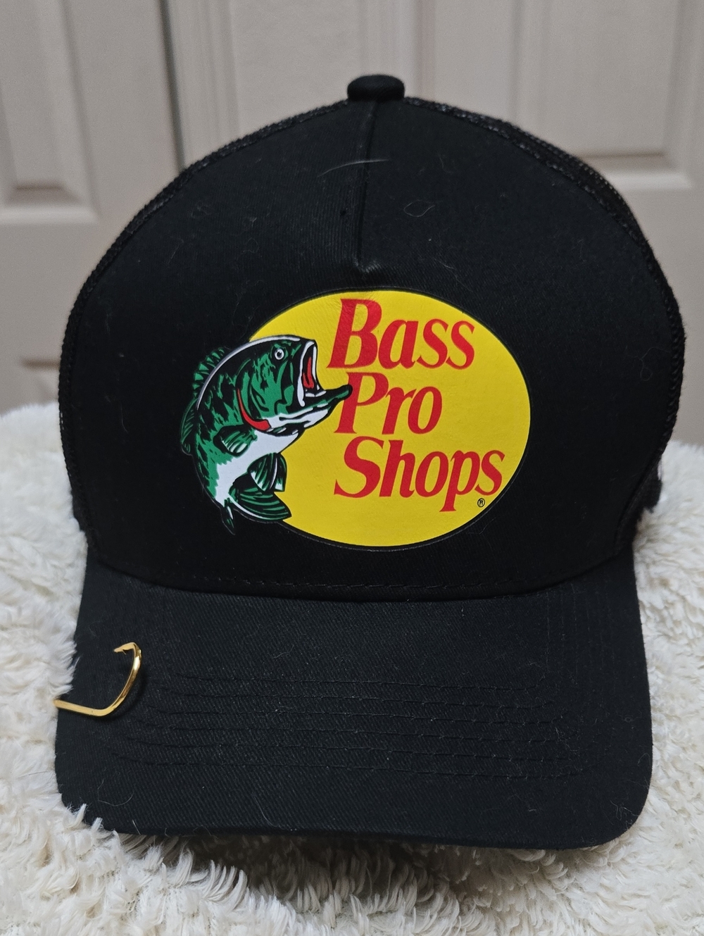 Bass Pro Shops Black Hat with Yellow Logo and Green Bass